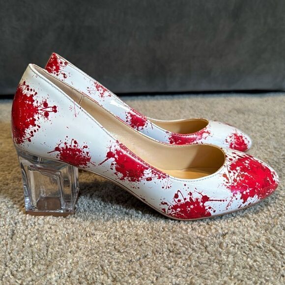 Reindee Lusion White Red Splatter Transparent Block Mid Heel RoundToe Size 5 NEW - Picture 1 of 14